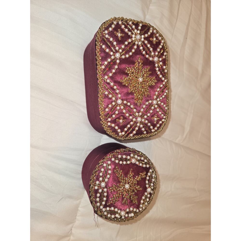 Handmade Satin Beaded Jewelry Box Set, Purple Gold, Bridal Gift, Ring Necklace